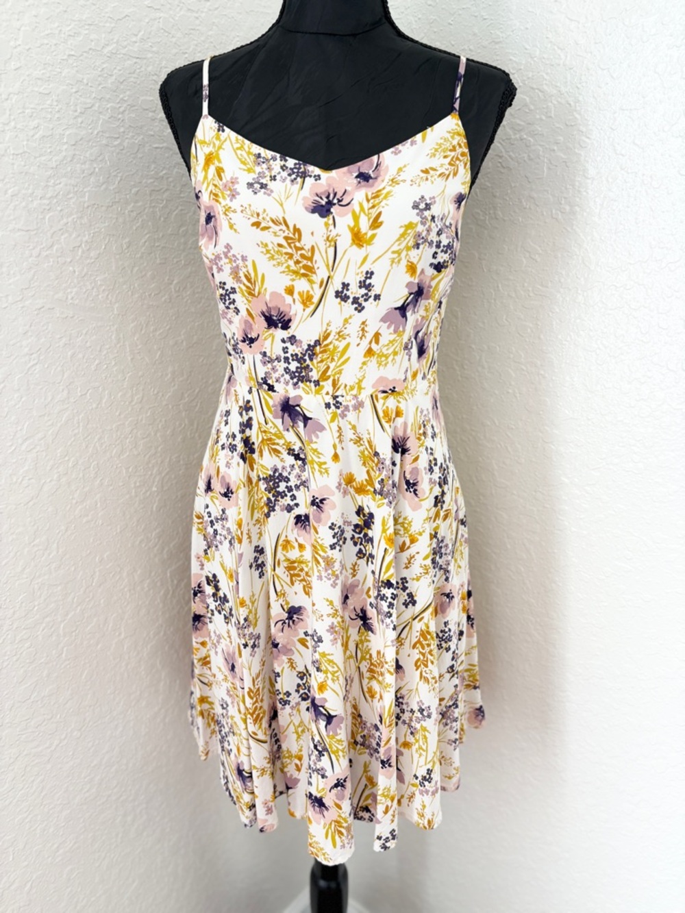 Old Navy Multi Floral Cami‎ Dress Large Cream Purple Mustard Yellow Smocked Back